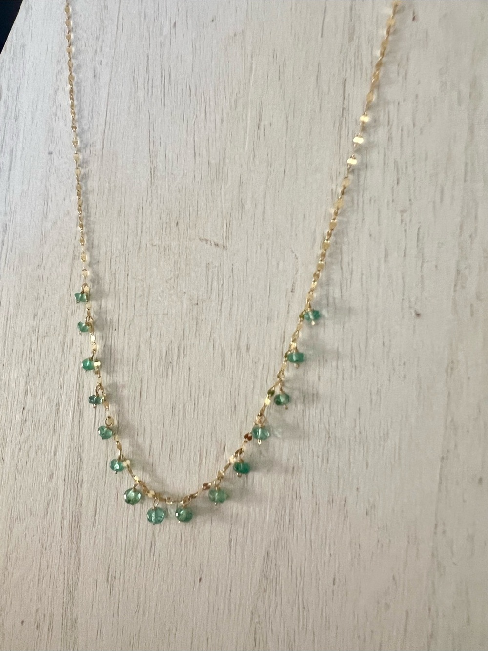 14K Gold Necklace with Small Green Emerald Gemstone Drops